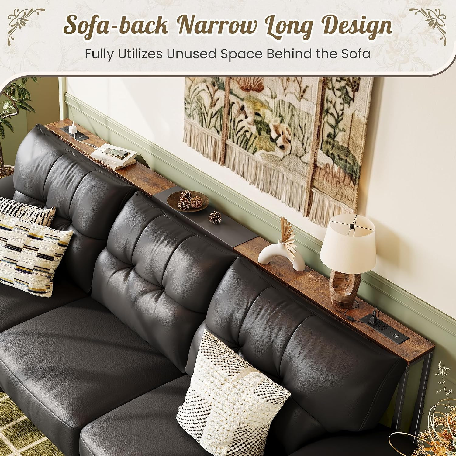 Narrow Console Table with Power Outlets & USB-C, Rustic Brown | 23.6"-35.4" Adju