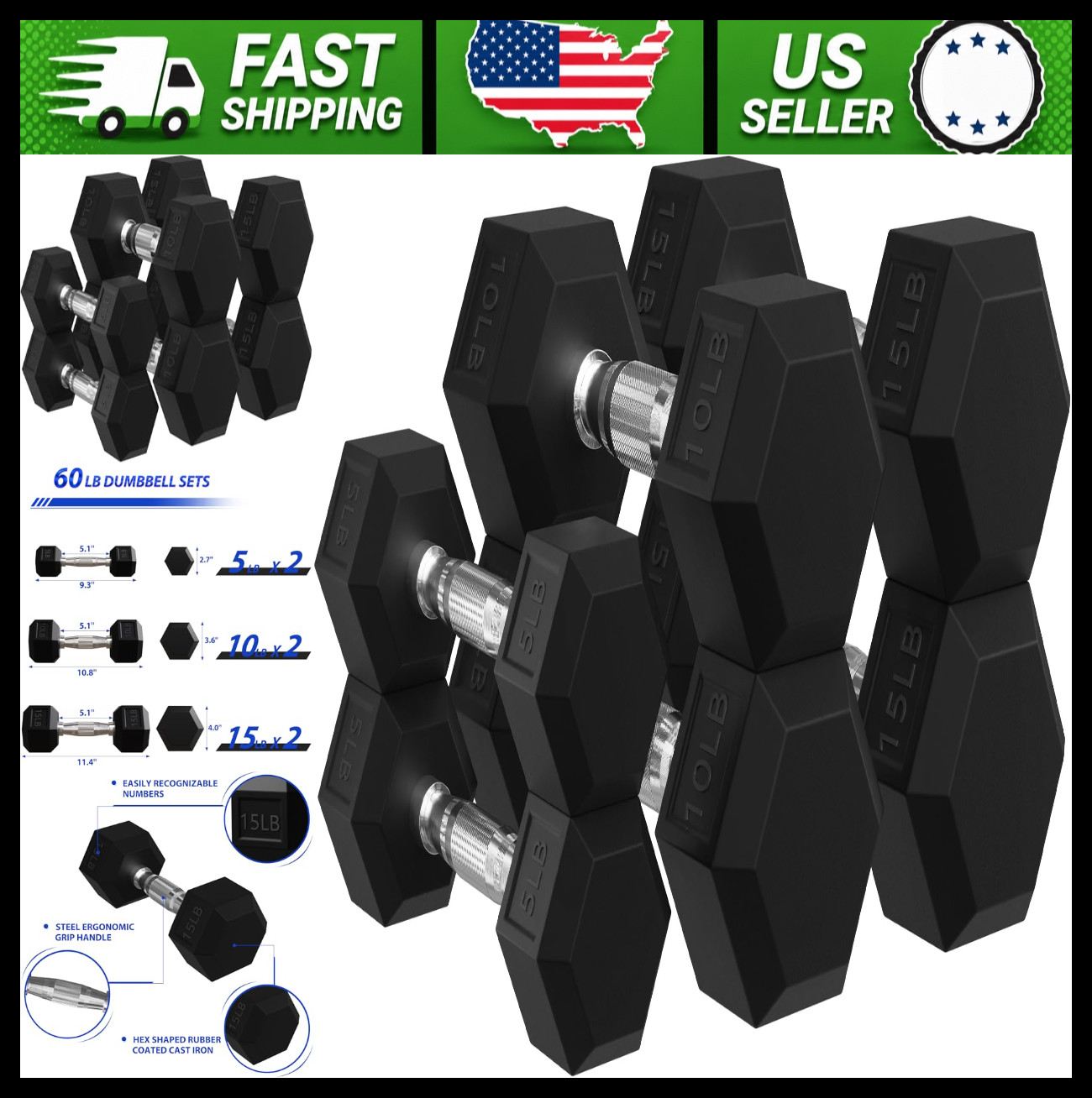 Signature Fitness Rubber Hex Dumbbell Sets with Optional Rack