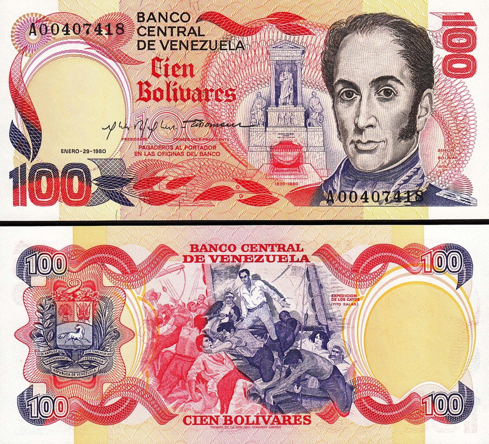 Venezuela 100 Bolivares 1980, UNC, Comm, 150th Anniversary Death of Bolivar,P-59