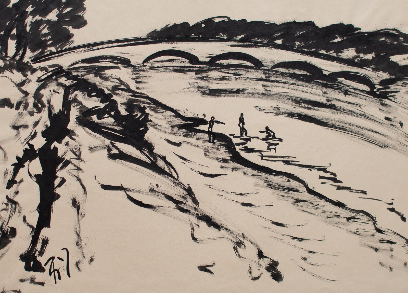 Fritz Zalisz Hindenburg Bridge Rhine Landscape Expressionism Signed Drawing