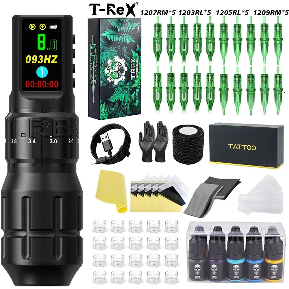 Tattoo Complete Kit T-Rex Cool Wireless Tattoo Machine Pen 7 Adjustable Strokes
