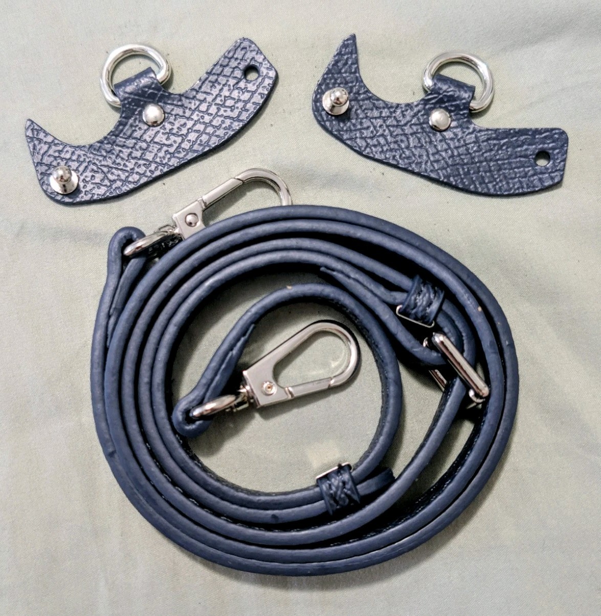 Bnew Genuine Leather Strap Compatible To Longchamp Mini Bags Navy + Silver HW