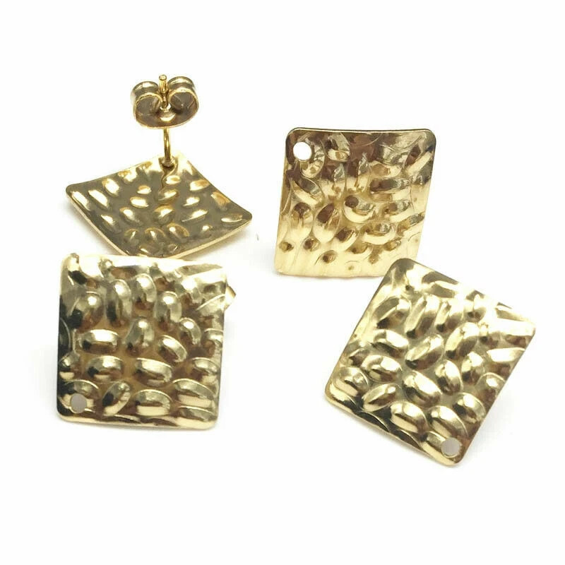 20PCS Gold Uneven Surface Square Earring Stud Post With Ring DIY Jewelry Making