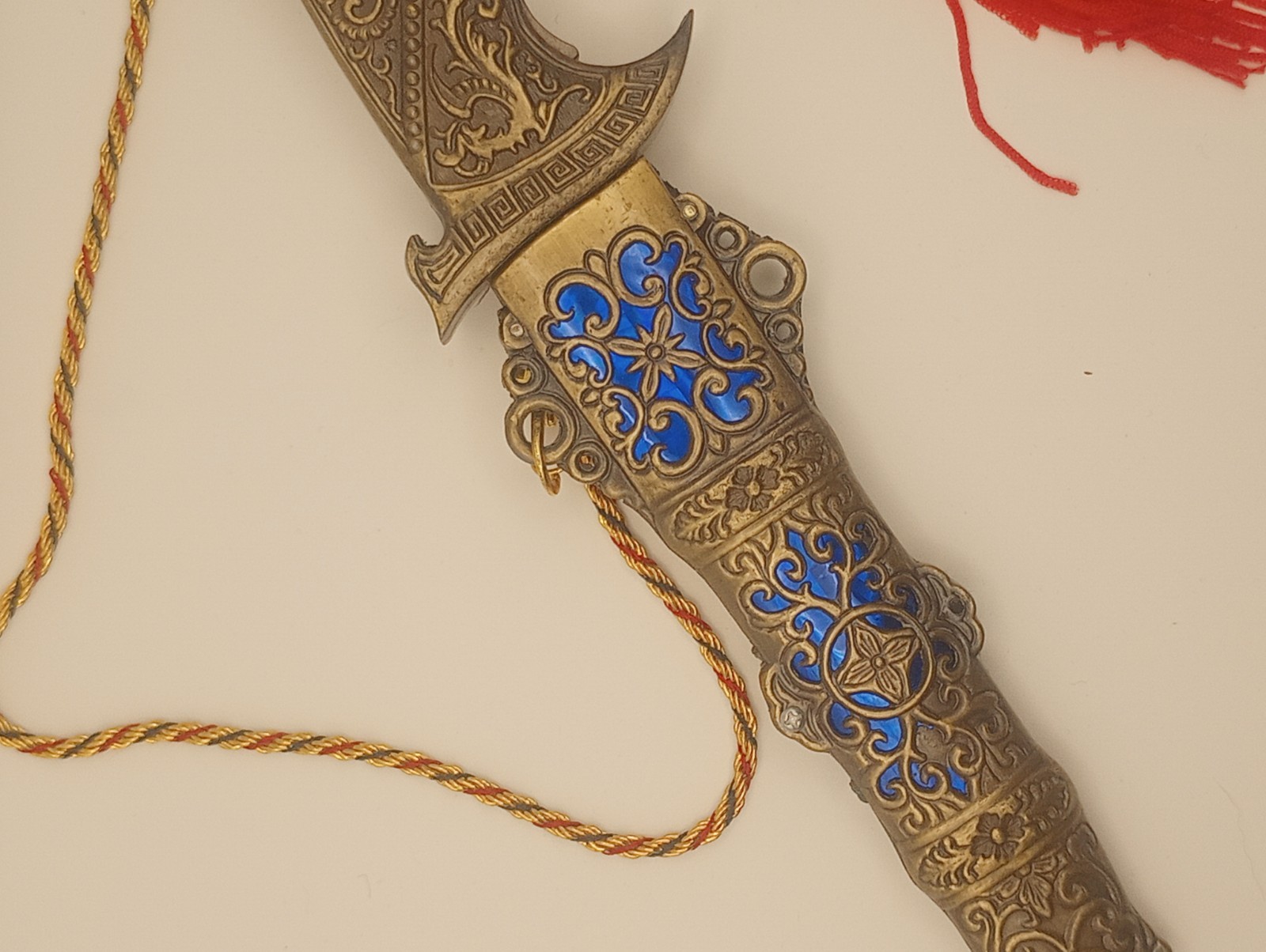 Vtg Collectible Dagger Knife Brass - Belt Clip-blue Inlay W/Box.S.S Blade