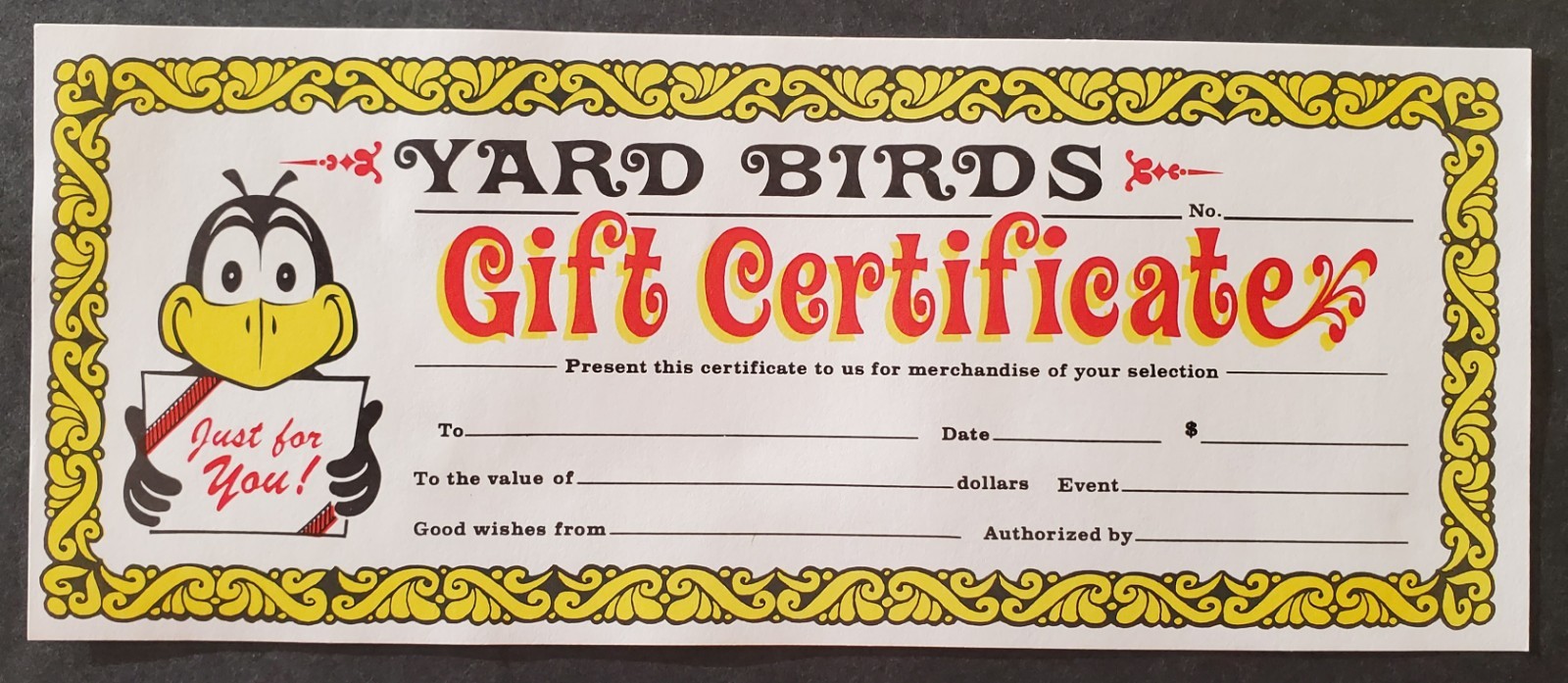 Three YARD BIRDS Unused Gift Certificates