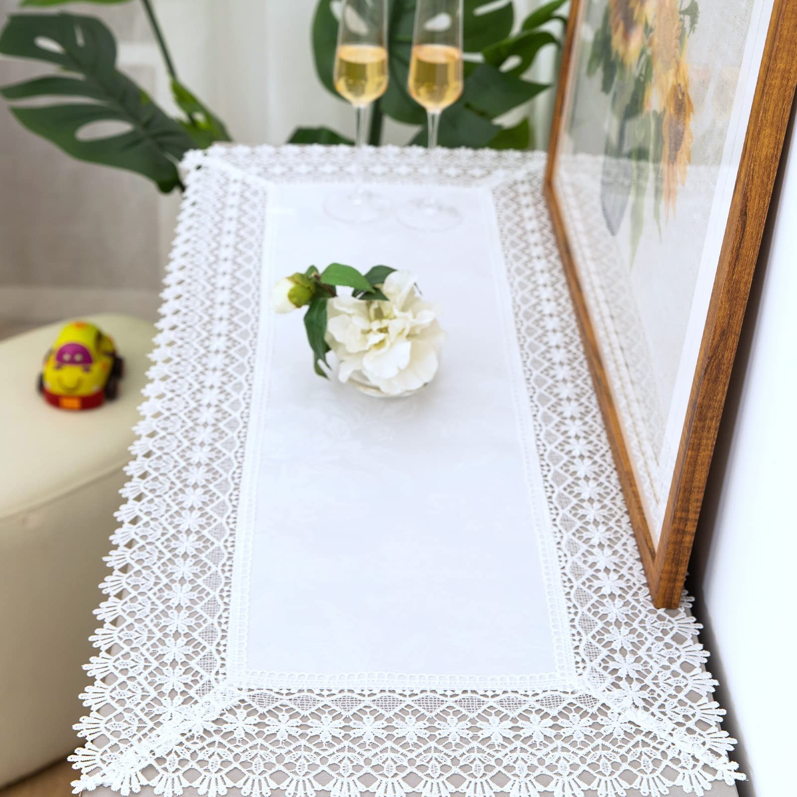 Lace Table Runner Waterproof Fabric Washable Off White 16x35inch | Elegant De...