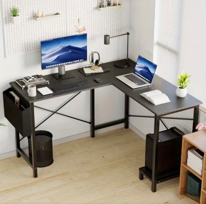 L-Shaped Long Computer Desk w/ Storage Pocket Big Corner Desk Black