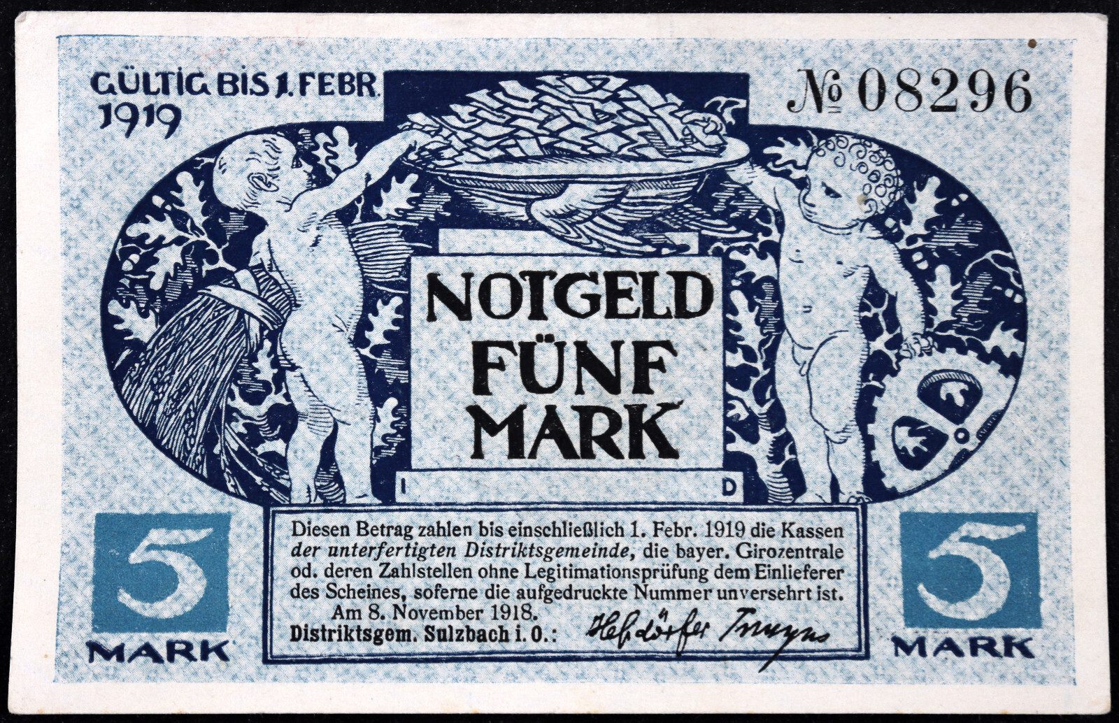 SULZBACH 1918 "Cherubs" RARE 5 Mark Grossnotgeld German Notgeld Banknote