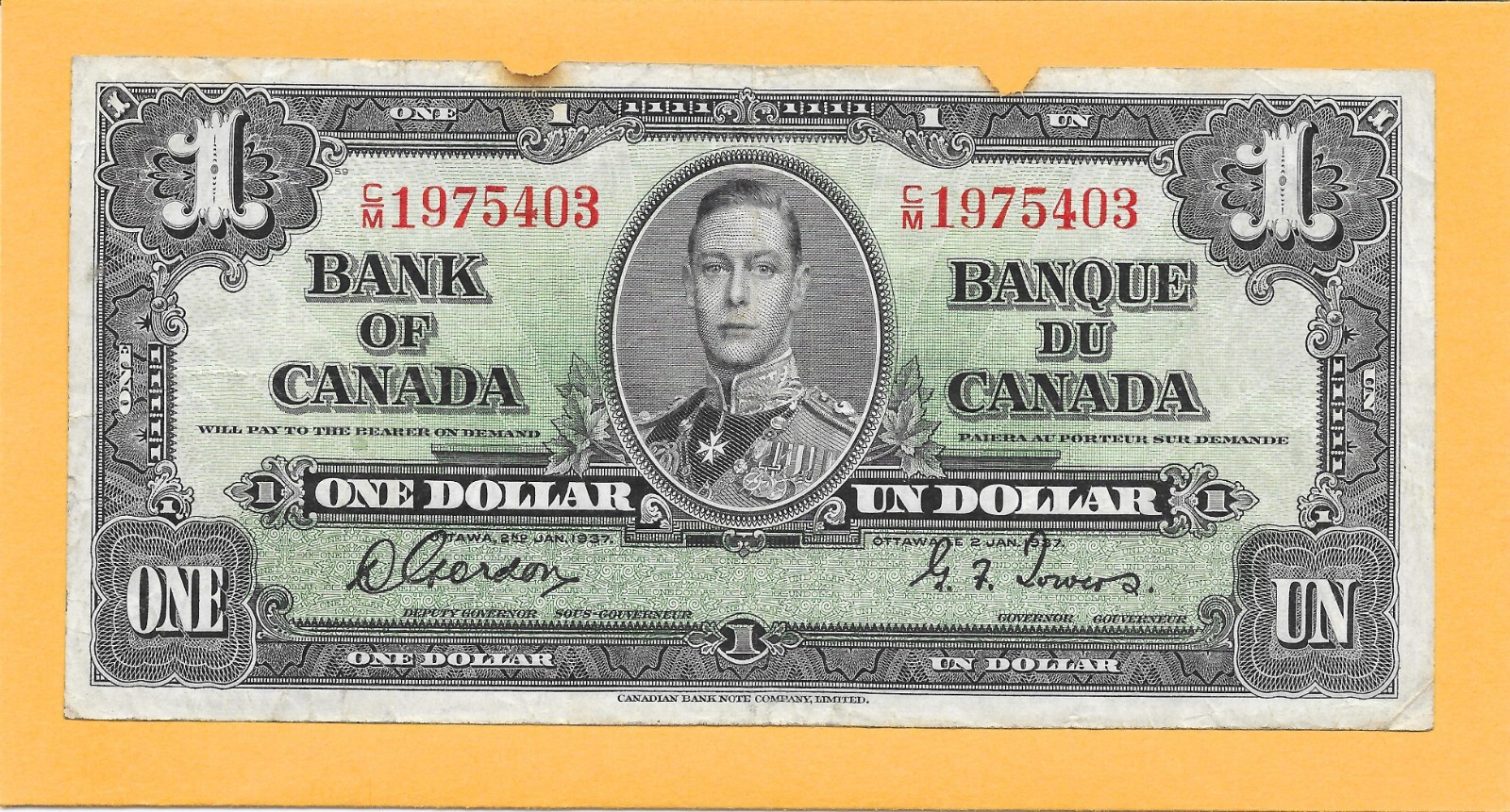 1937 BANK OF CANADA 1 DOLLAR BILL C/M1975403 BIRTHDAY NOTE (CIRCULATED BURNS)