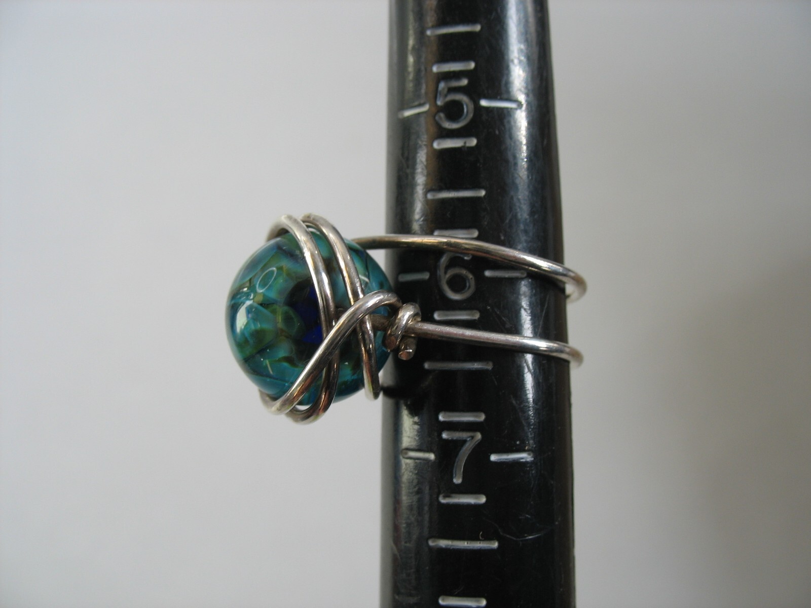 Handmade Silver wire wrap ring Green blue aqua round bead 6 1/2