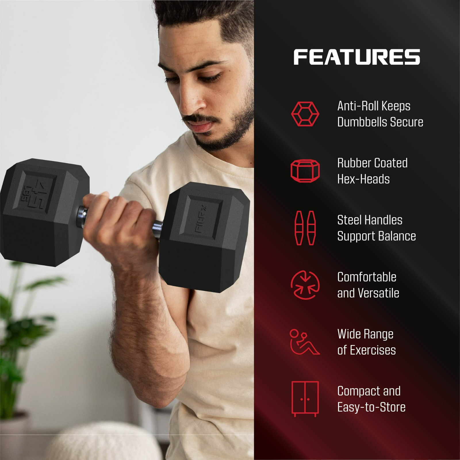 FitRx 40lbs Rubber Hex Dumbbell – Solid Steel Handle, Durable Rubber Coating