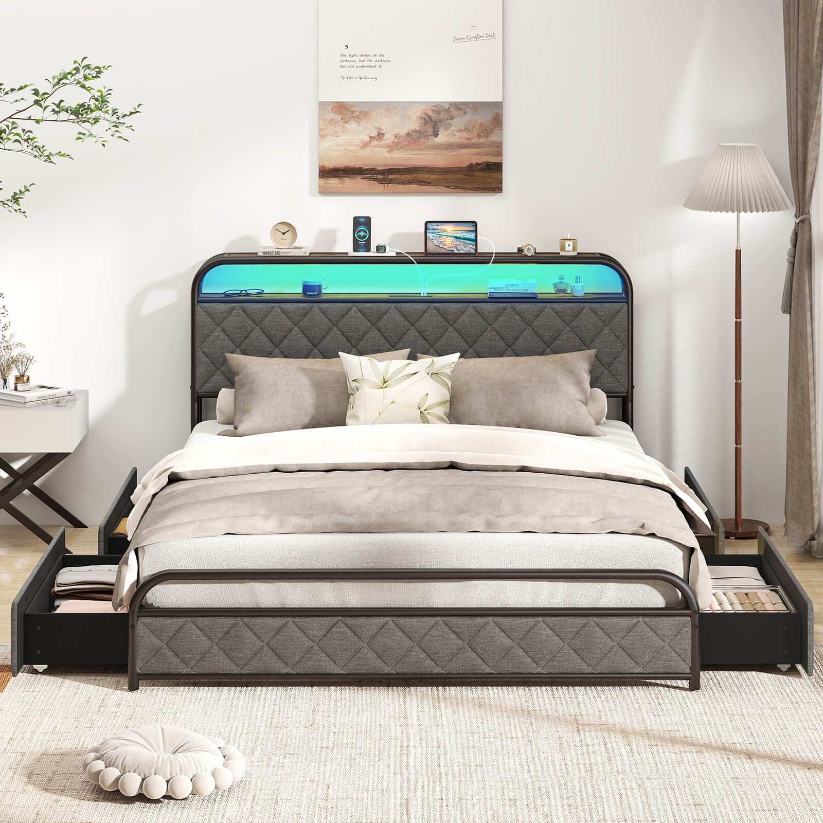 Queen Size Bed Frame with LED Lights & Charging Station Storage Headboard