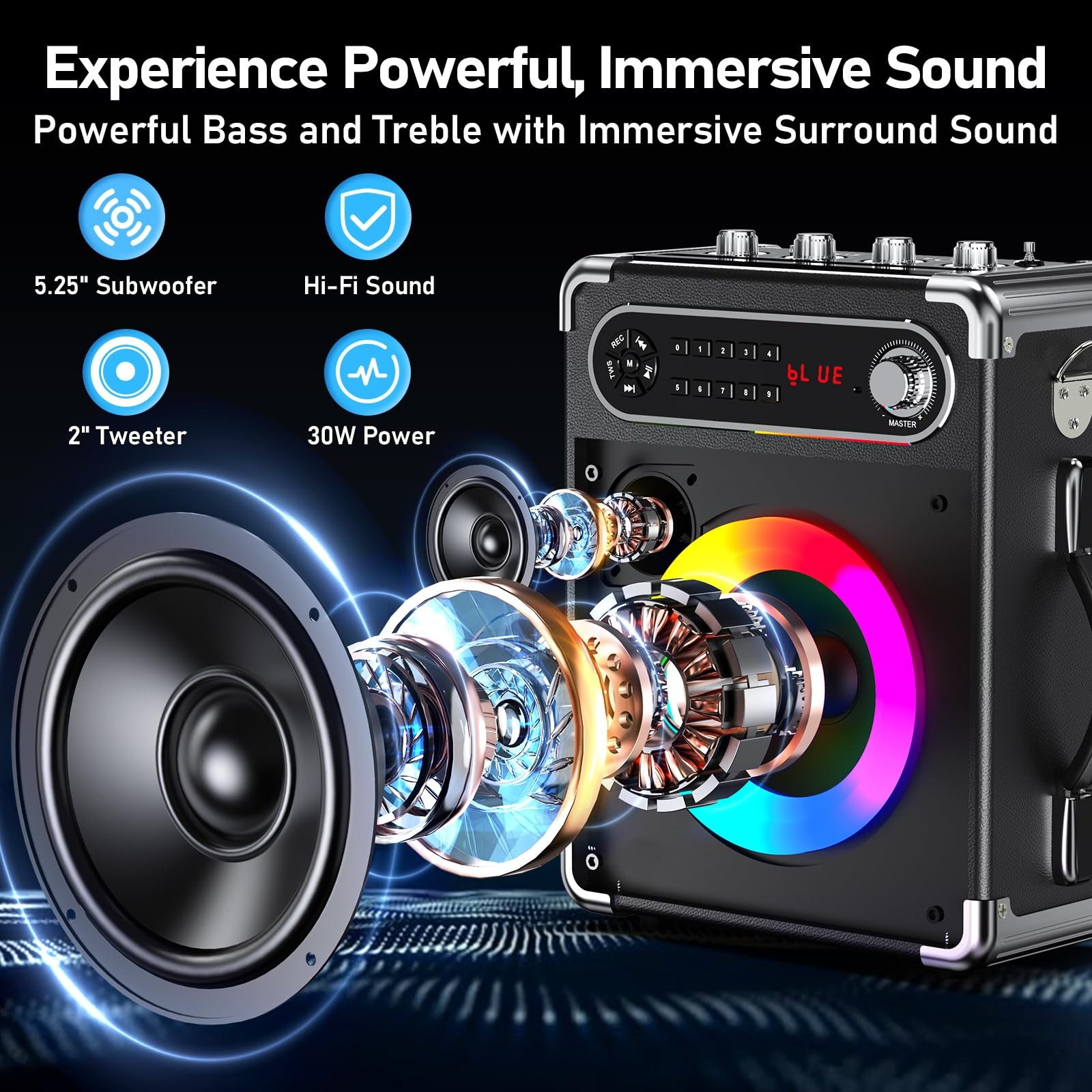 Portable Bluetooth 5.3 Karaoke Machine with 3 Wireless Mics, LED Lights