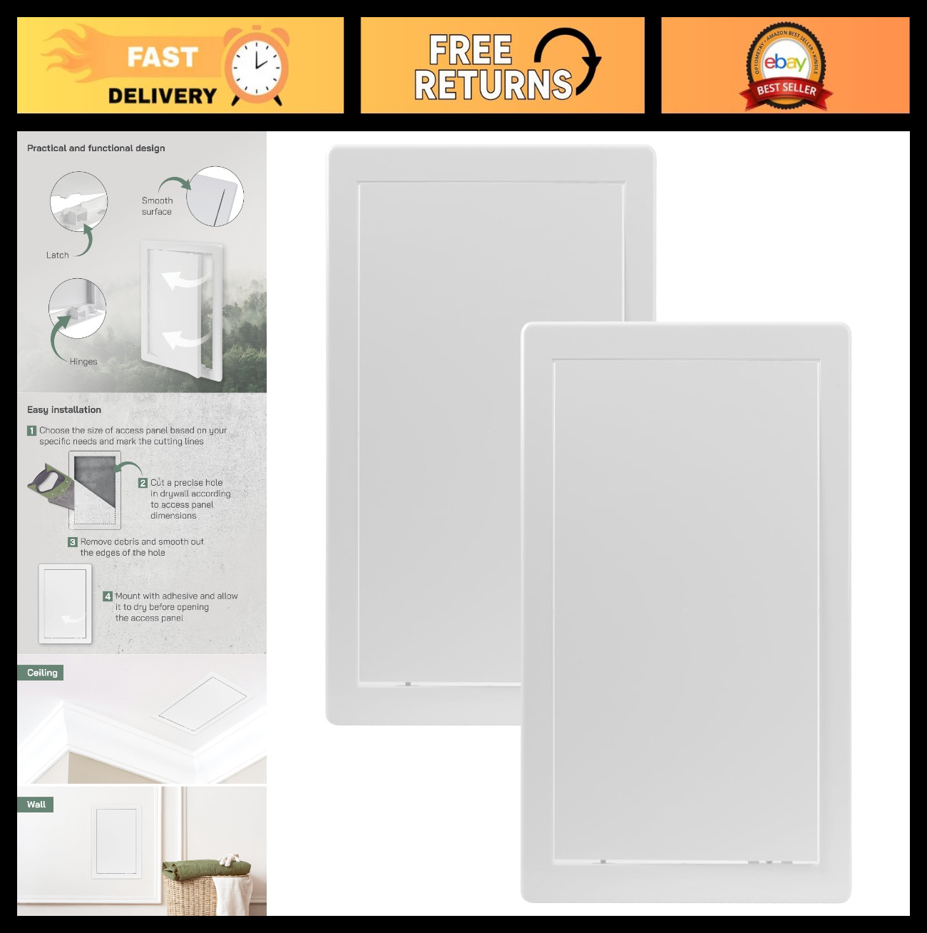 Access Panel 8x12 Inch - Pack of 2 ABS Plastic Access Doors for Drywall, Ceiling
