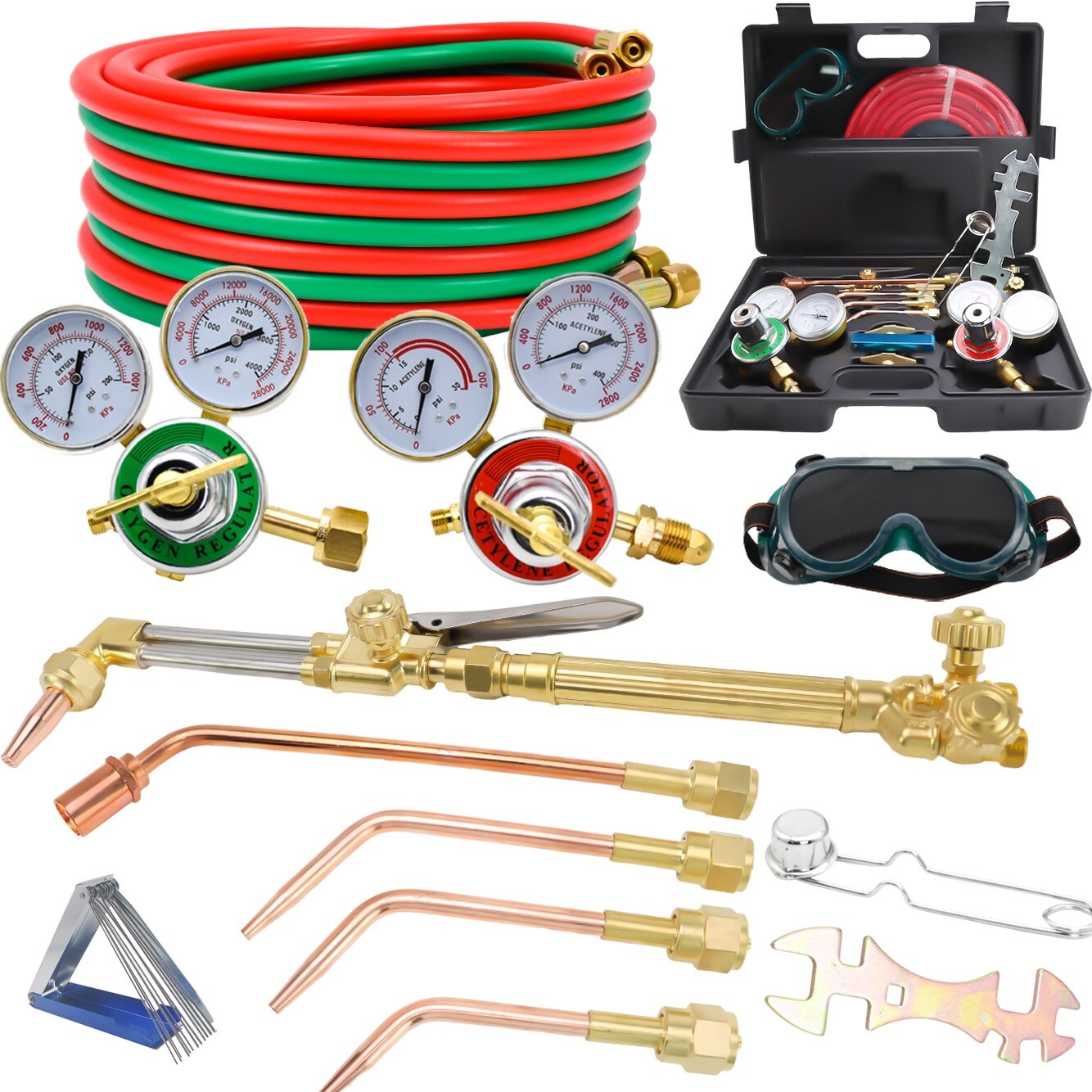 Oxy-Acetylene Gas Cutting Torch Regulator Welding Kit 50' +15' Hose Glasses Case