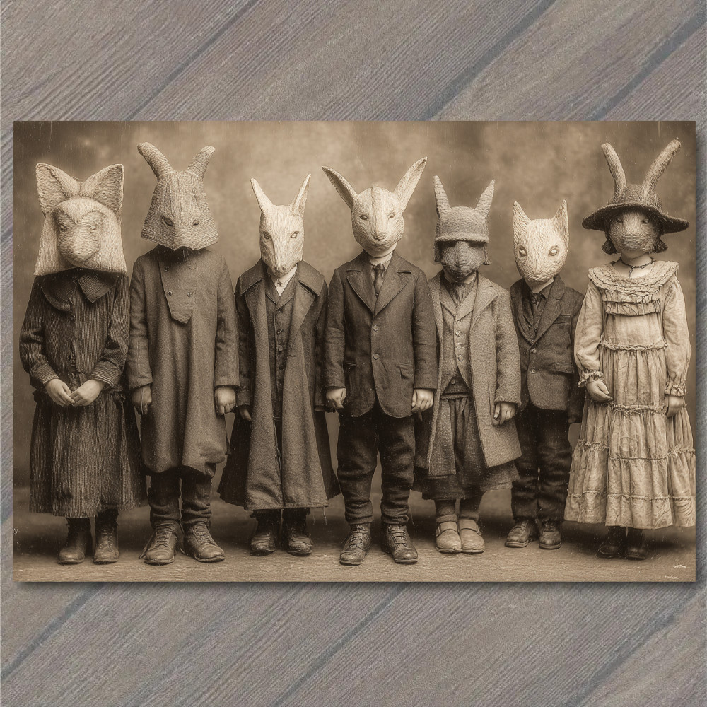 POSTCARD Rabbit Mask Kids Creepy Group Strange Costumes Odd Antique Vibe Sepia