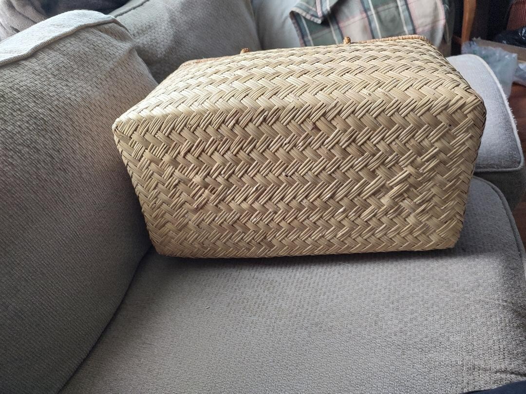 18" x 9" x 11" rectangular wicker basket w/ blue plastic handles