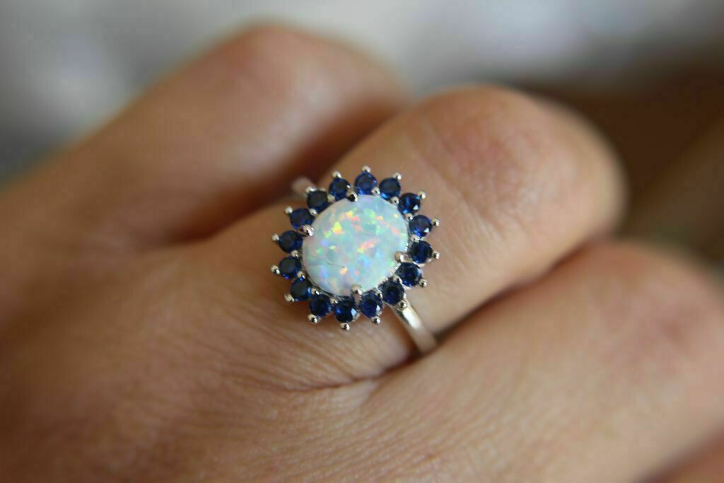 2.50Ct Oval Cut Opal & Diamond Halo Engagement Ring Solid 14K White Gold Finish