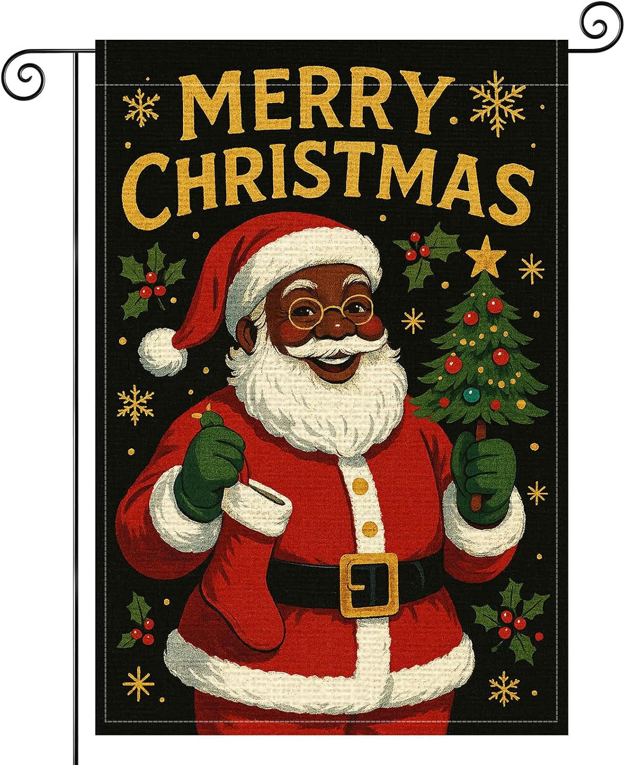 Christmas Santa Garden Flag 12X18 Inch Burlap Double-Sided | Santa Stocking Holi