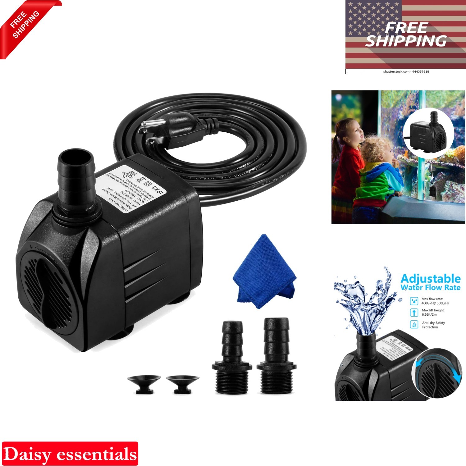 400GPH Submersible Fountain Pump 25W for Aquarium Pond Water Features Outdoor
