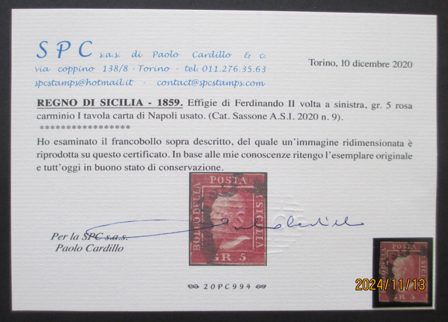 Italy Sicily 1859 - Sass # 9 - 5 gr Carmine Pink - CV £1338 +  Certificate ~ MH