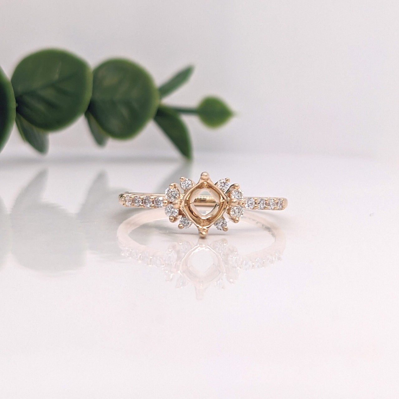 Round 4mm Semi Mount Ring 925 Sterling Silver Yellow Gold Starburst Pave Ring