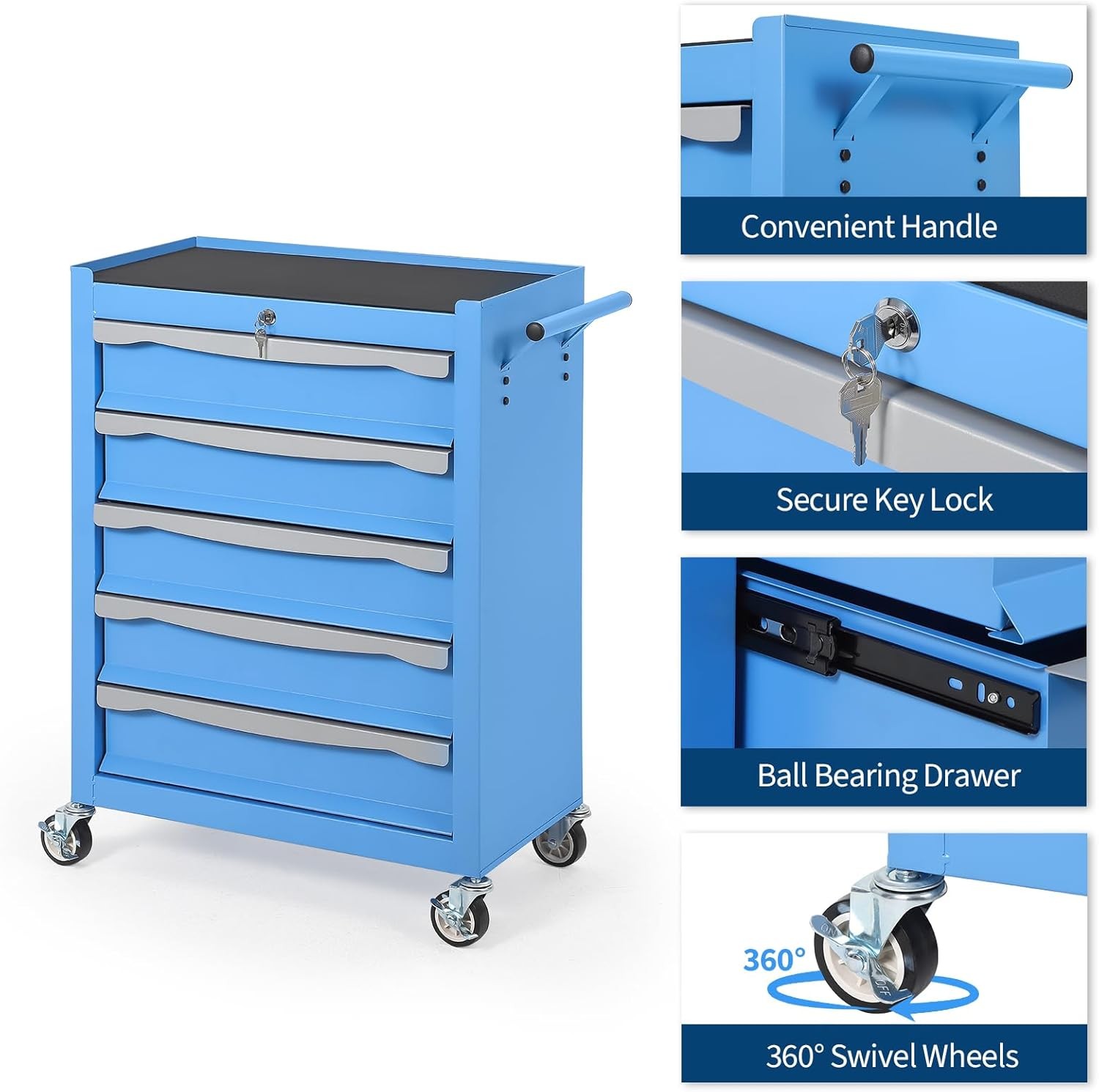 Hetoy 5-Drawer Tool Chest with Lock,Heavy-Duty Modular Steel Toolbox Rolling
