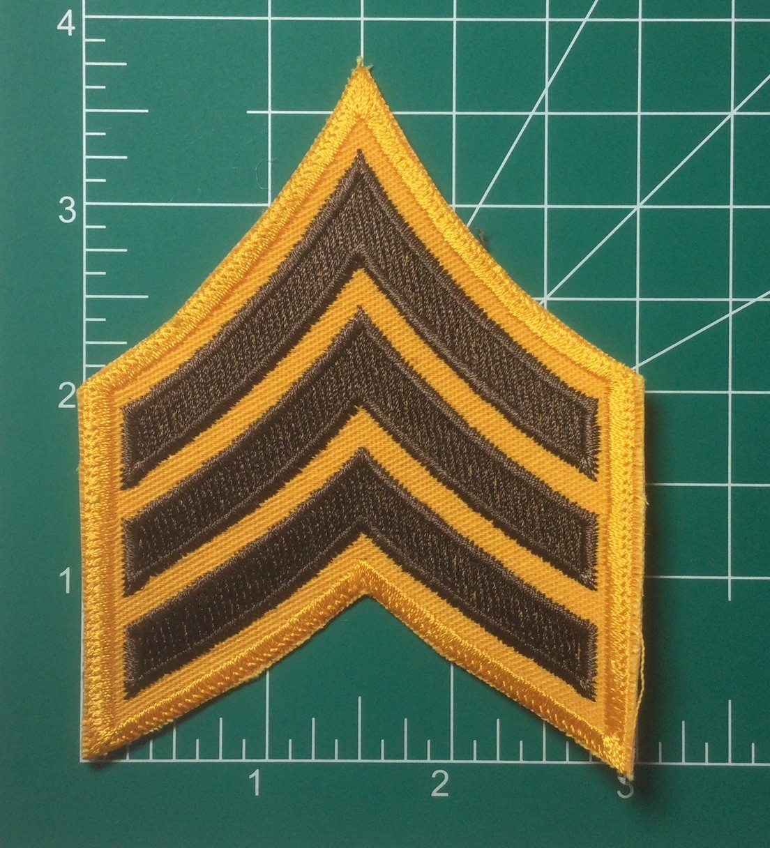 (2) Sergeant Chevron Patch - 3 Dark Brown Stripes on Gold Twill - Gold Border