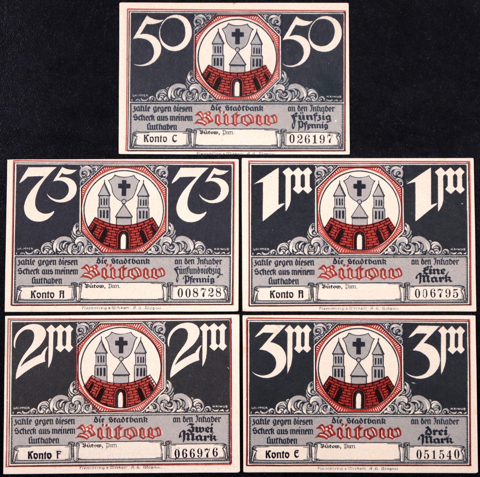 BÜTOW / BYTÓW 1922 "Knight, Castles" Complete Series German Notgeld Black