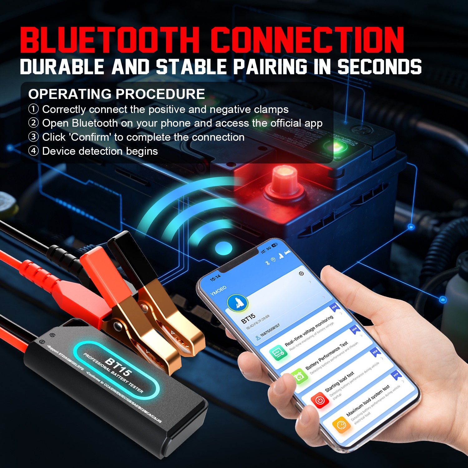 Bluetooth Battery Tester 12/24V Car Battery Analyzer Cranking Charging Test Tool