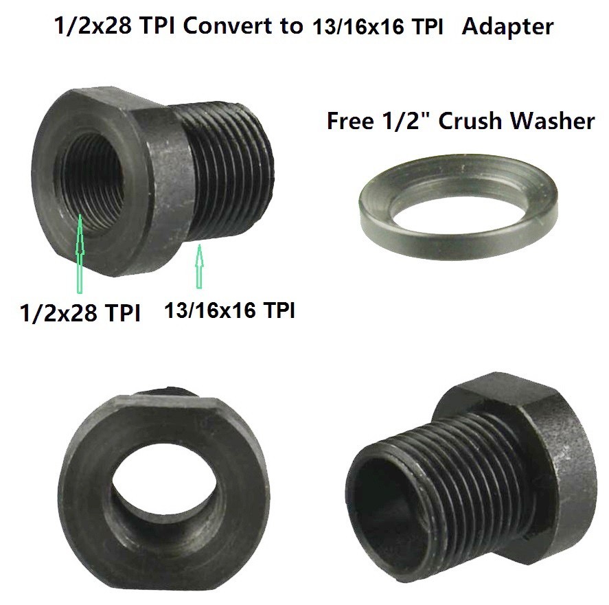 Steel Adapter Convert 1/2x28 TPI Thread to 13/16x16 TPI Thread Free Crush Washer