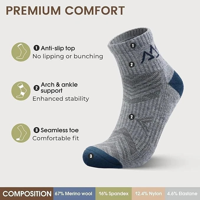 Merino Wool Hiking Socks for Men & Women, Quarter Ankle Compression Thick 5 Pair