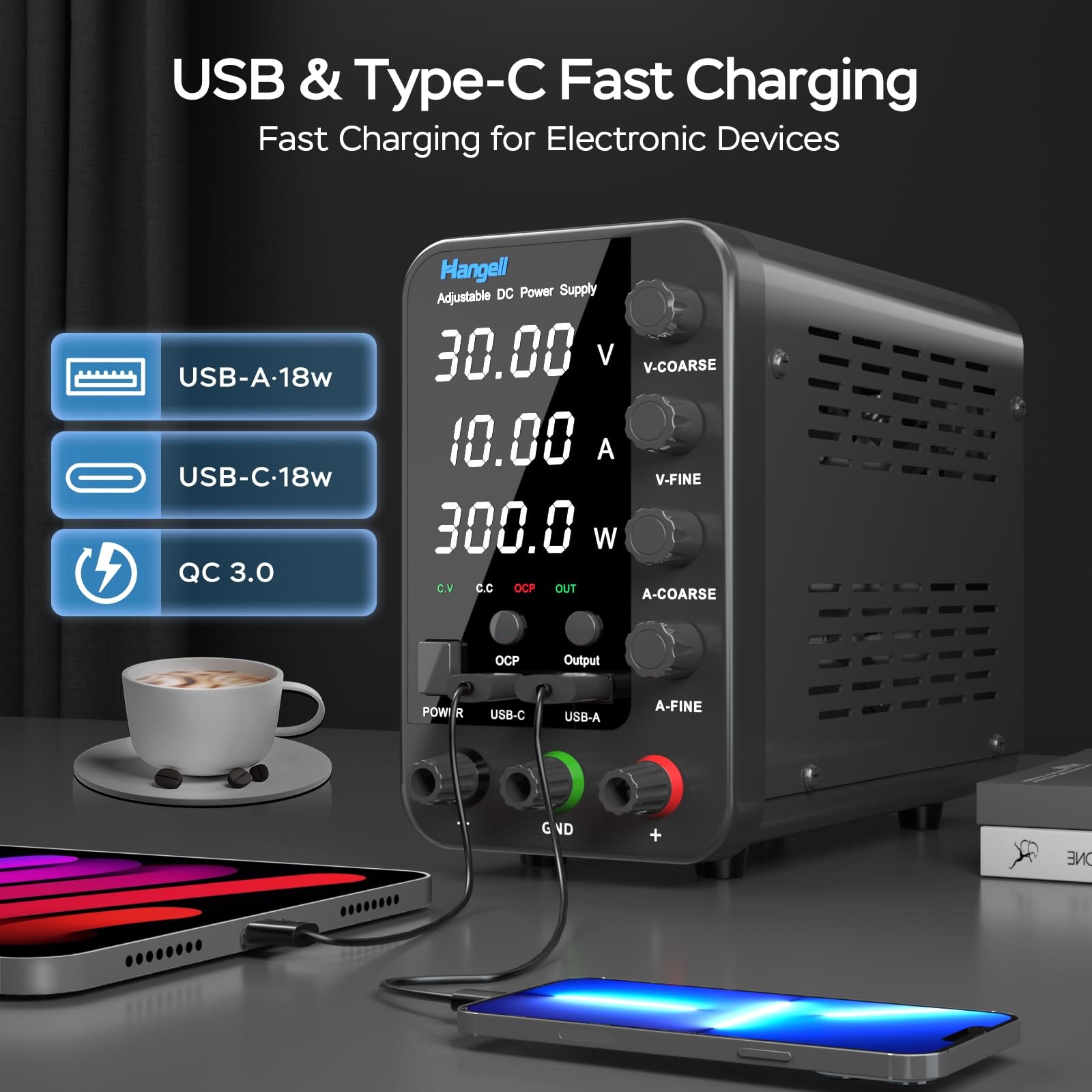 DC Power Supply Variable, 30V 10A Bench Power Supply with Encoder Coarse Fin...