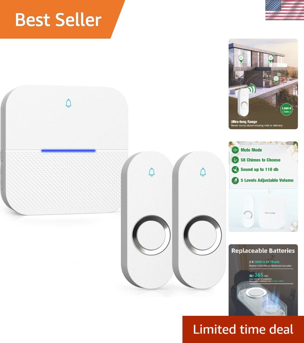 Lighted Wireless Doorbell for Home, Waterproof Battery Doorbell Wireless 1,00...
