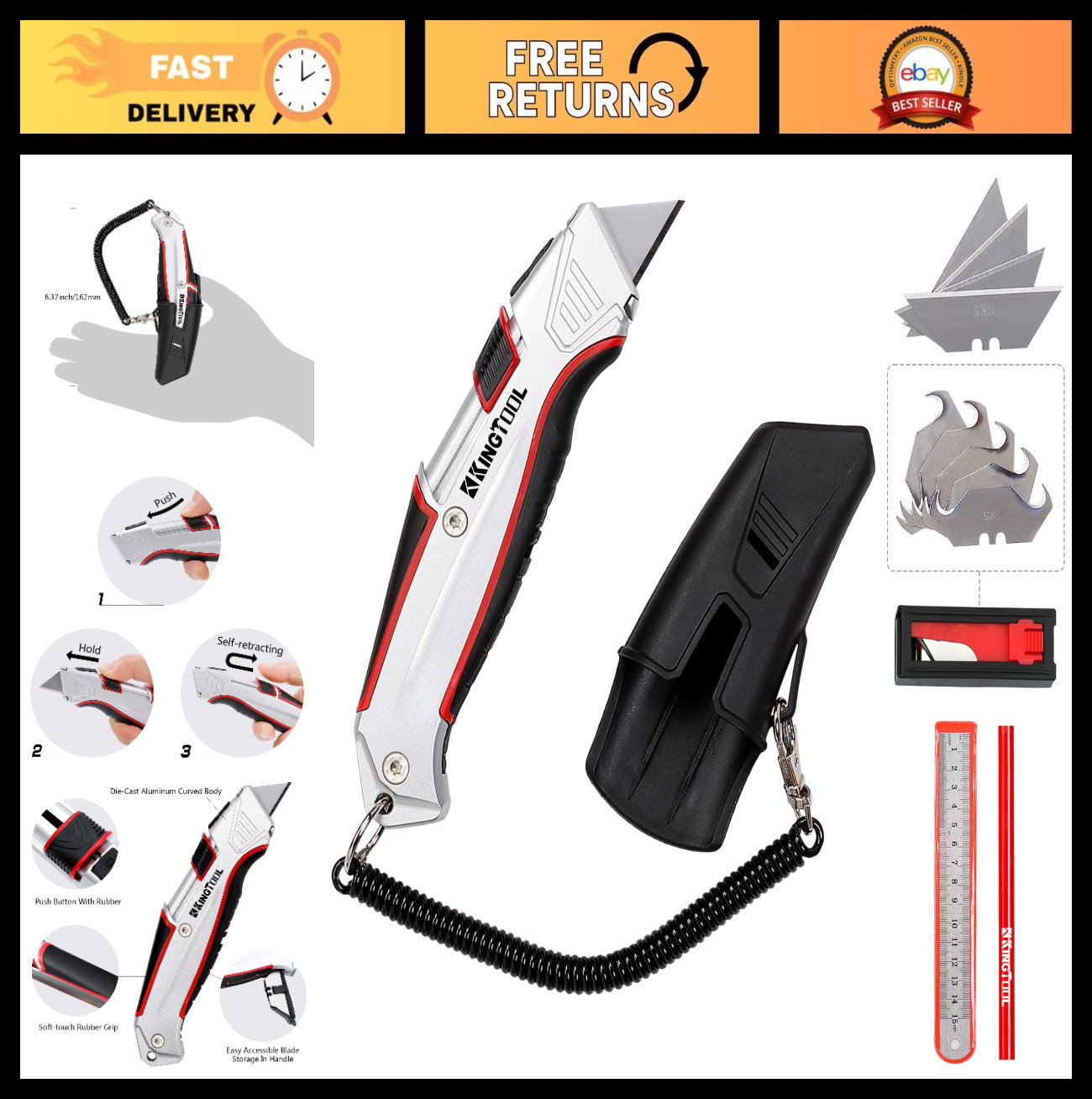 Self-Retracting Box Cutter with Holster & Belt Clip, Safety Utility Knife, 10 SK