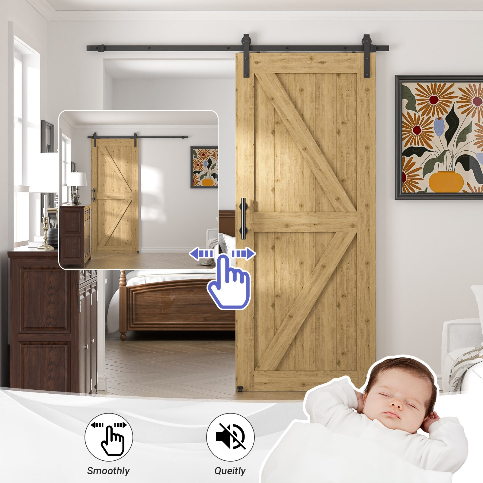 6FT/6.6FT Sliding Barn Door Hardware Kit & 9.5''Handle, Adjustable Floor Guide
