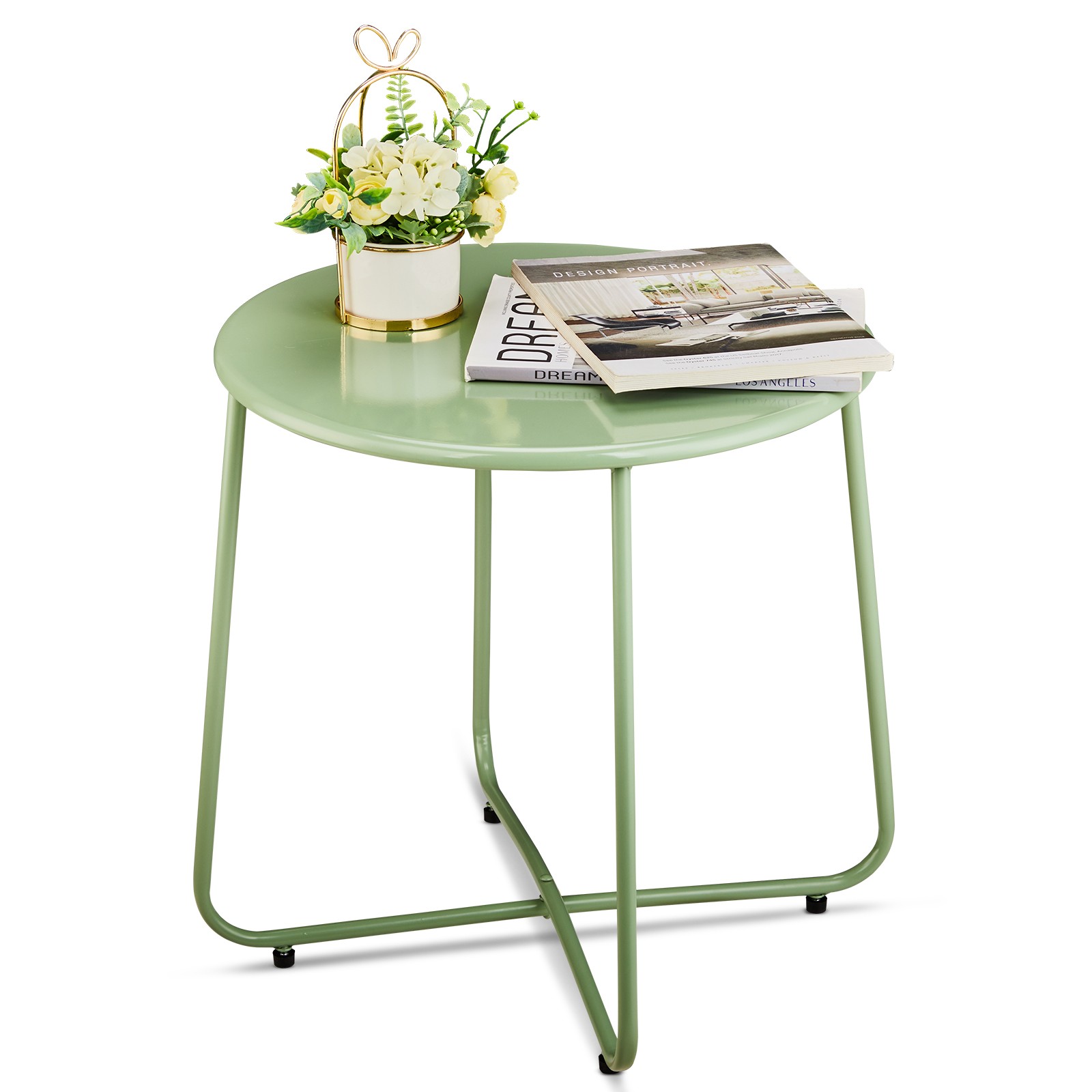 Patio Small Side Table, Waterproof Round Metal Coffee Table, Green