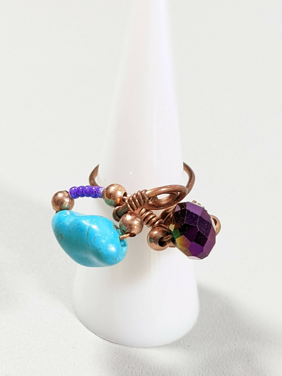Artisan Copper Blue Stone Purple Glass Bead Scroll Statement Ring Size 6.5