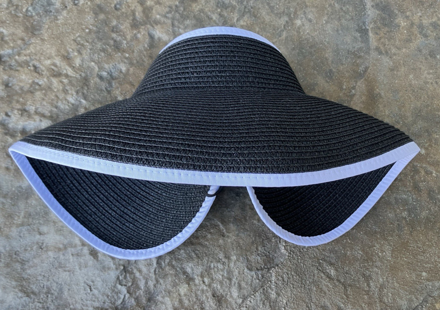 Sun N Sand Headwear Paper Braid Roll Up Visor Hat Black White Wide Brim Packable
