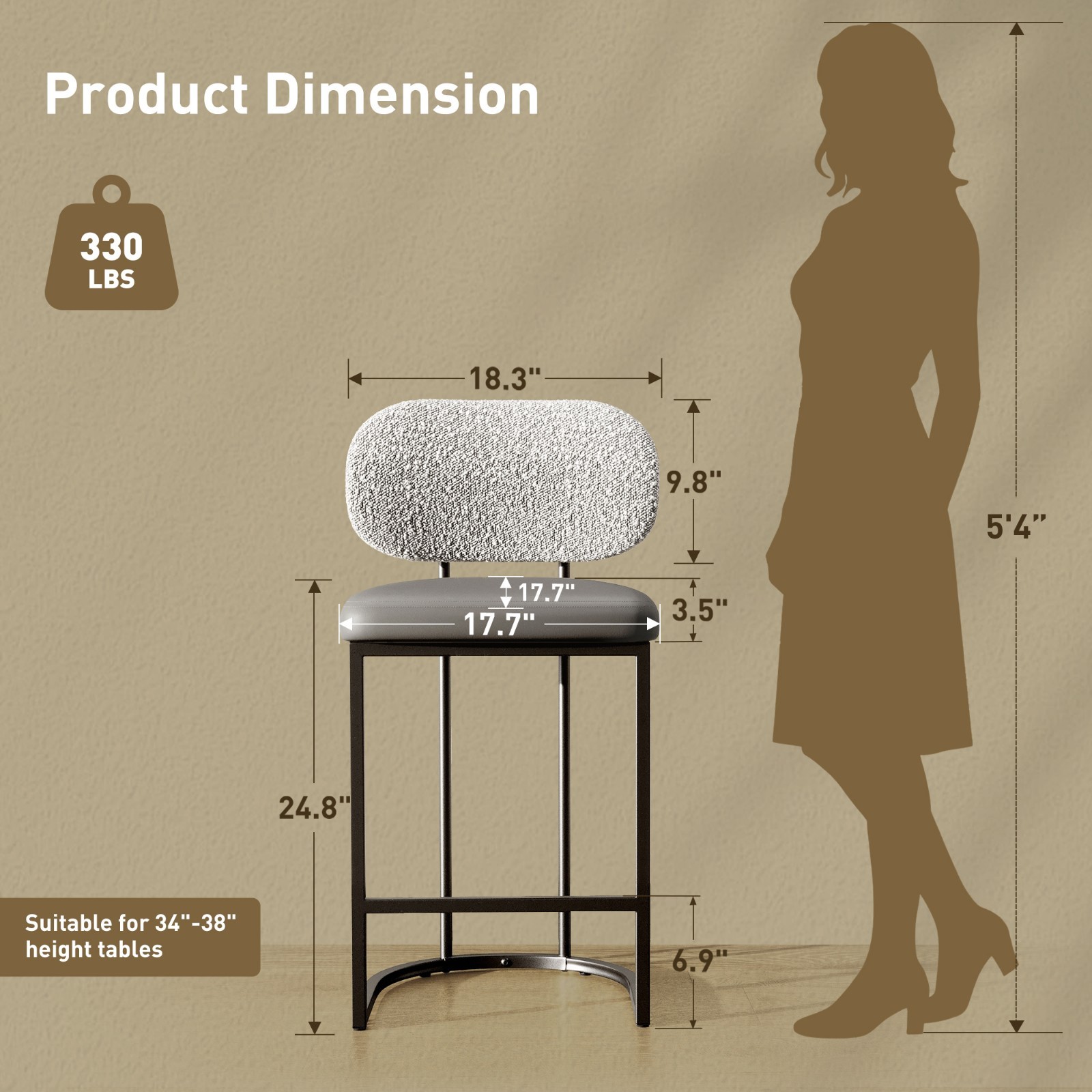 24'' Bar Stools Counter Height Barstools with Back Bar Chairs for Kitchen Gray