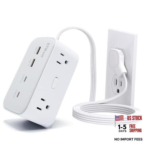 67W Fast Charging Port Power Socket, 5.8 Feet Flat Extension Cord with 8