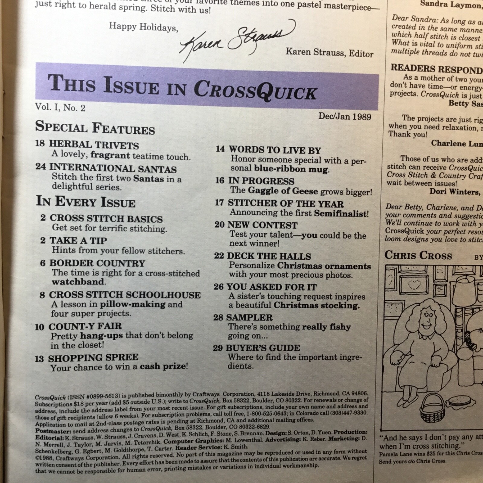 CROSS QUICK Magazine Easy Projects FOR CROSS STITCH DEC/JAN 1989