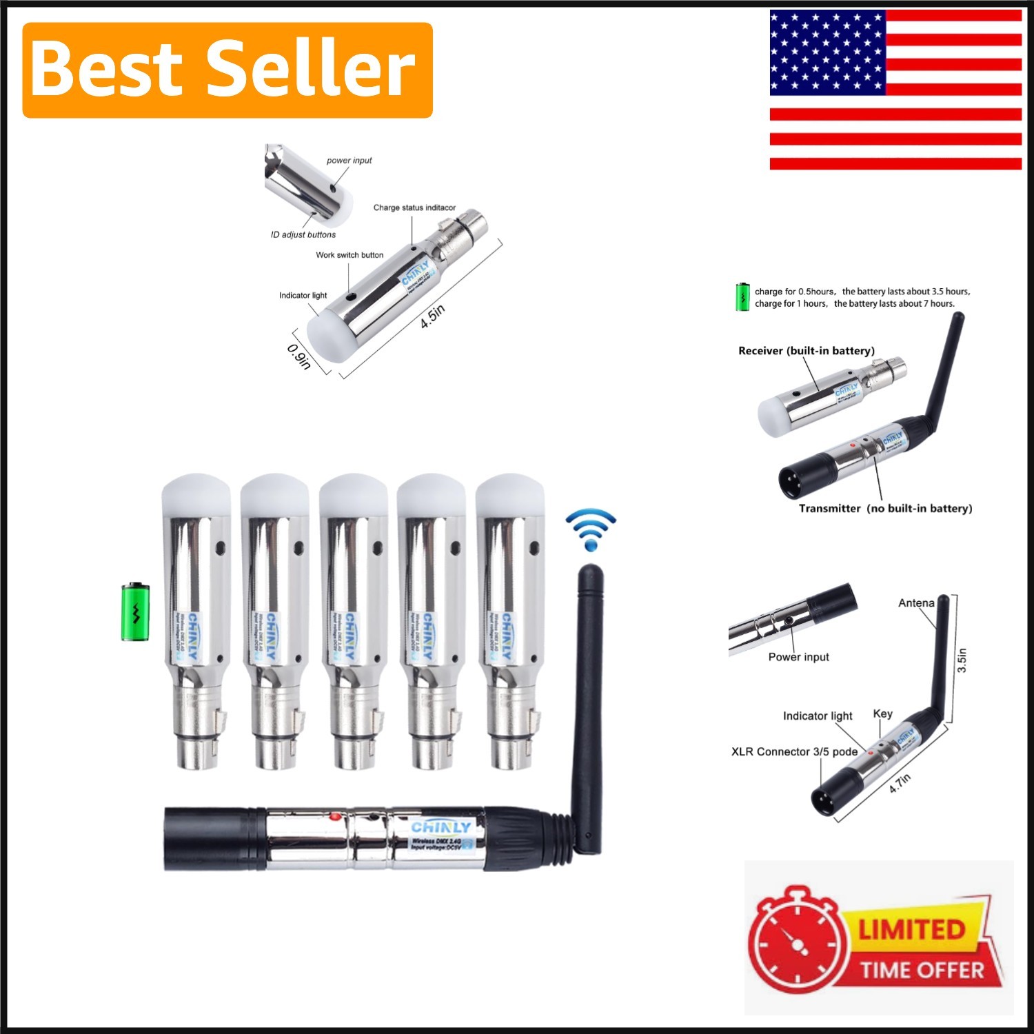 6pcs Wireless DMX Receivers with Built-in Battery & Transmitter for LED Lighting