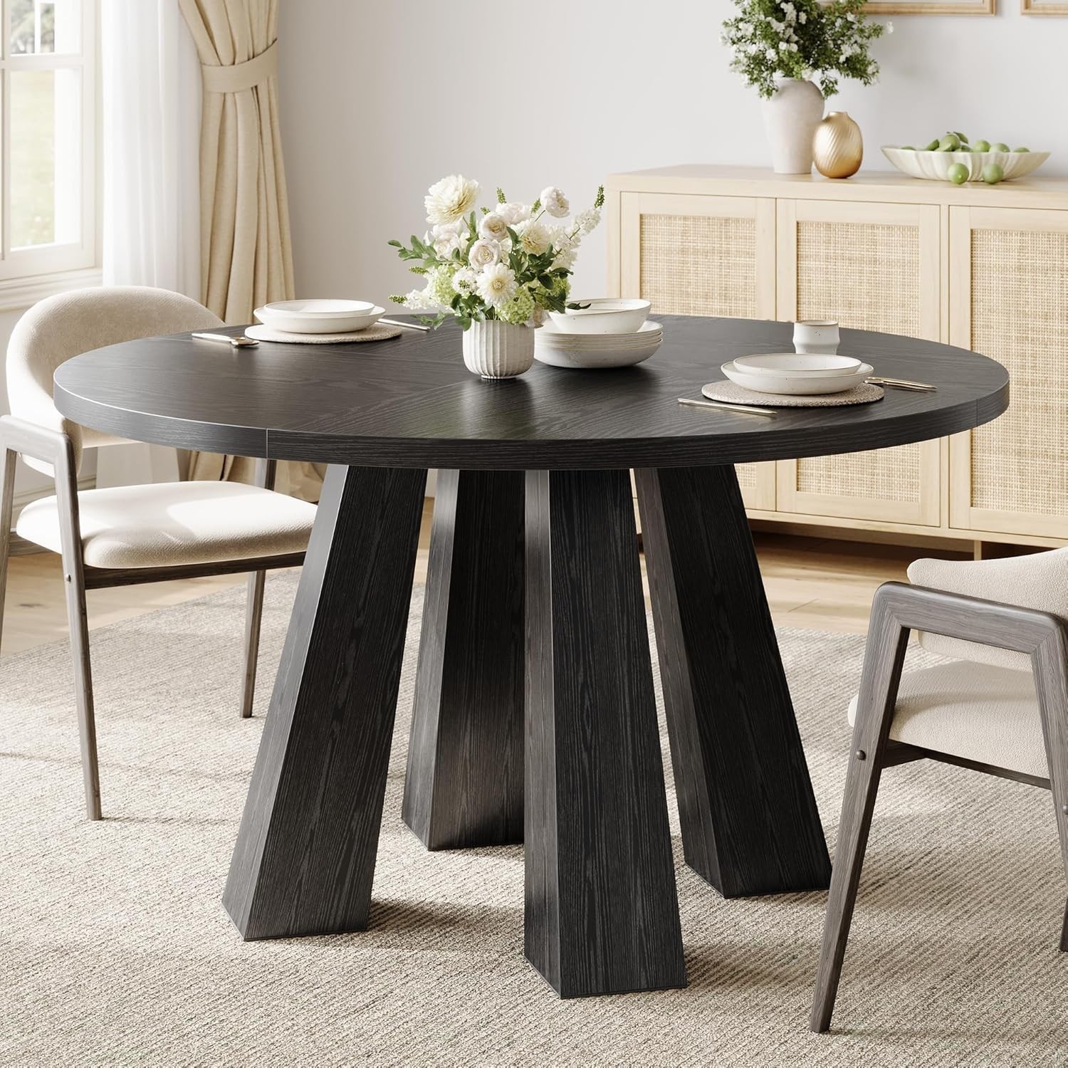 47" Round Dining Table 4-6 Wood Kitchen Table W/ Sturdy Base Farmhouse Circle