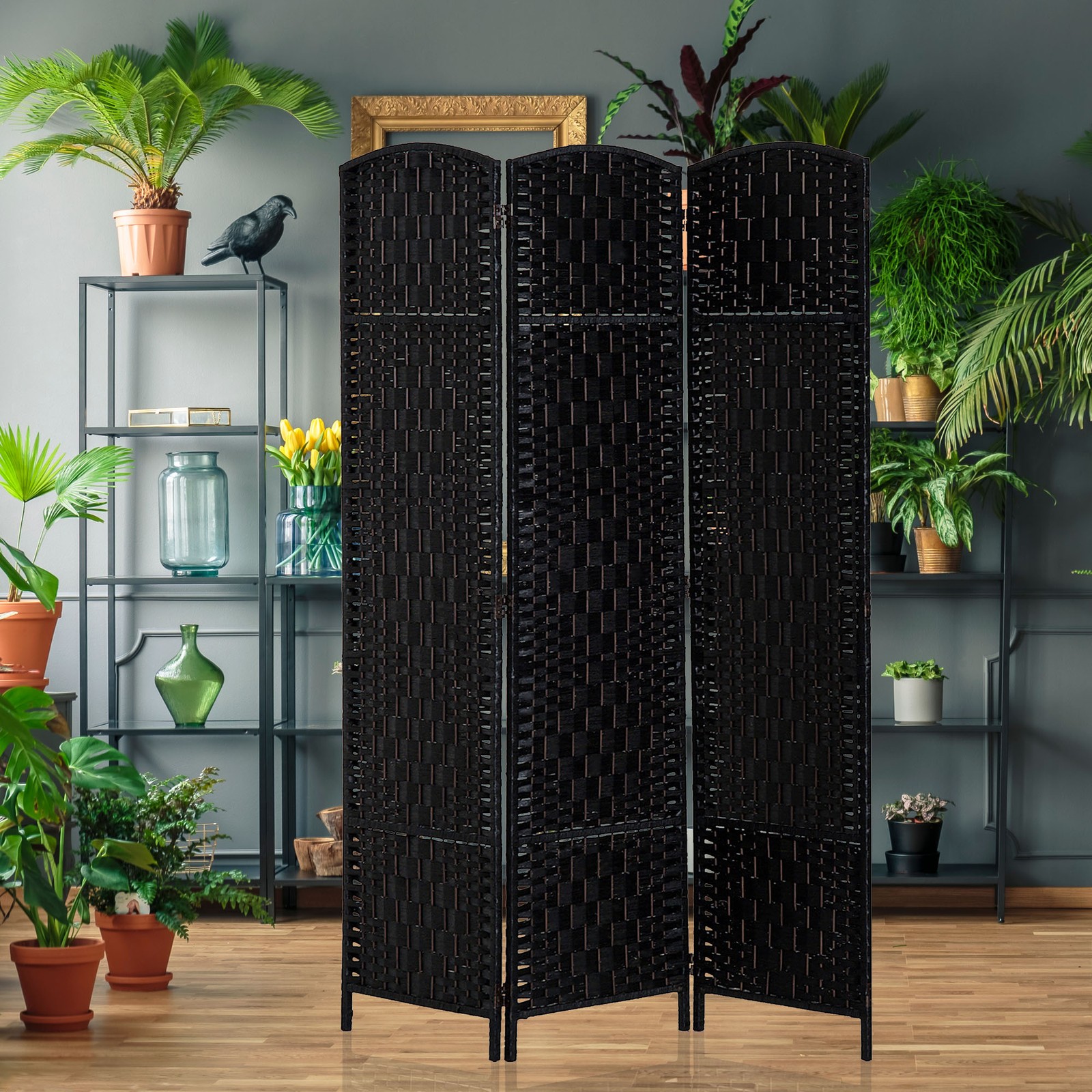 HOMCOM 3 Weave Panel Room Divider Privacy Folding Screen Diamond Decor Black