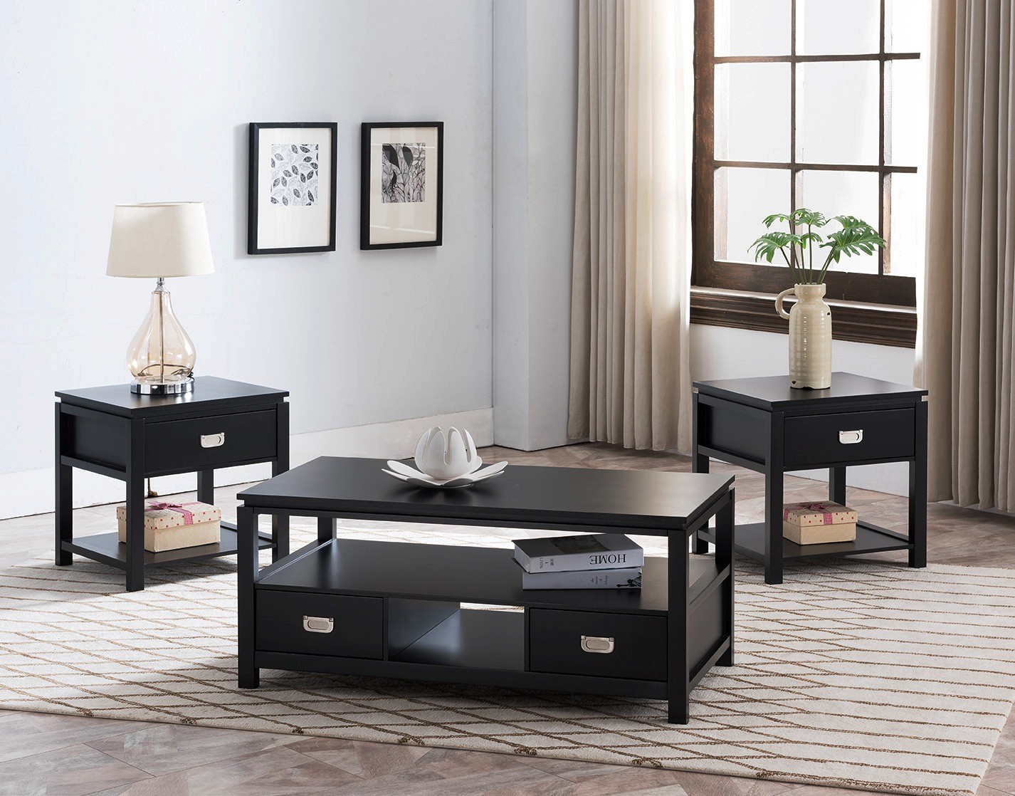 3 Piece Black Wood Storage Occasional Table Set, Coffee Table & 2 End Tables