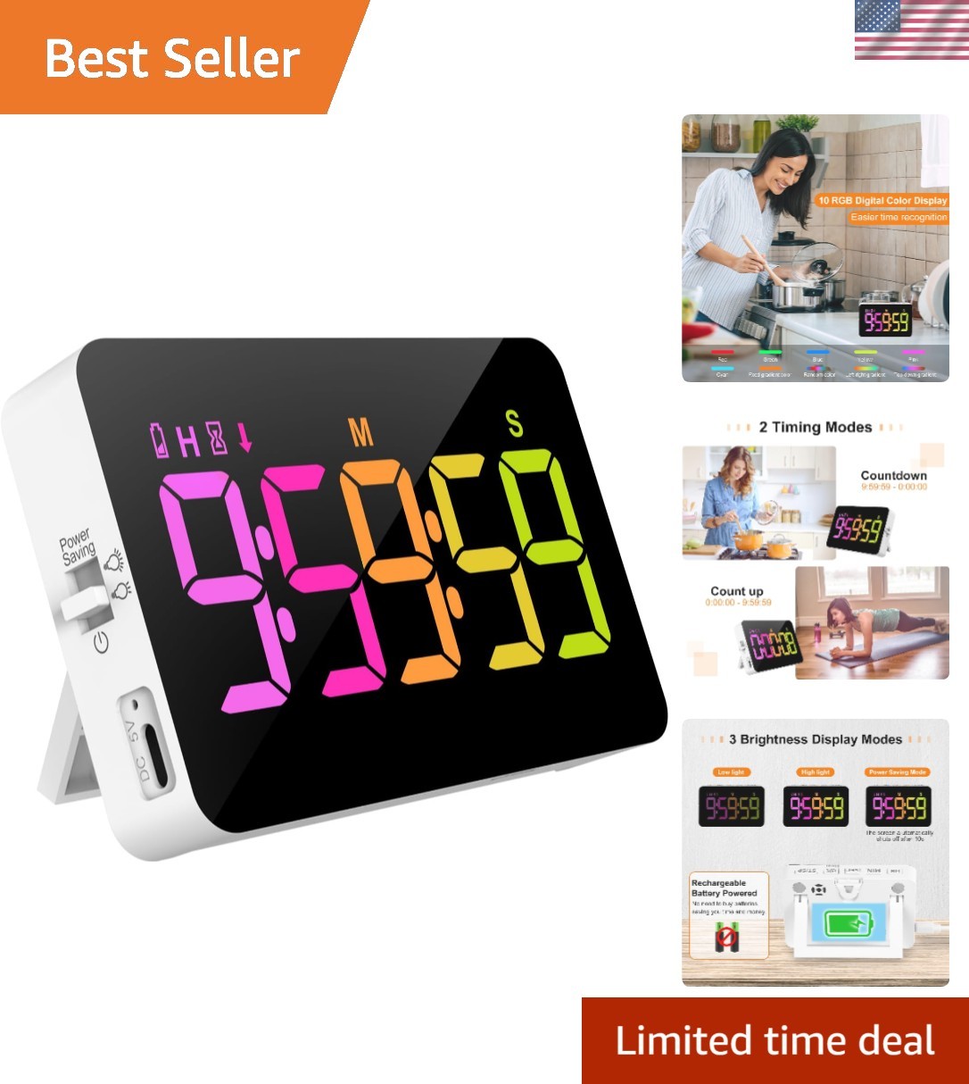 Kitchen Digital Timer, Count Down Up, Rechargeable, Vibration Mode | Adjustab...