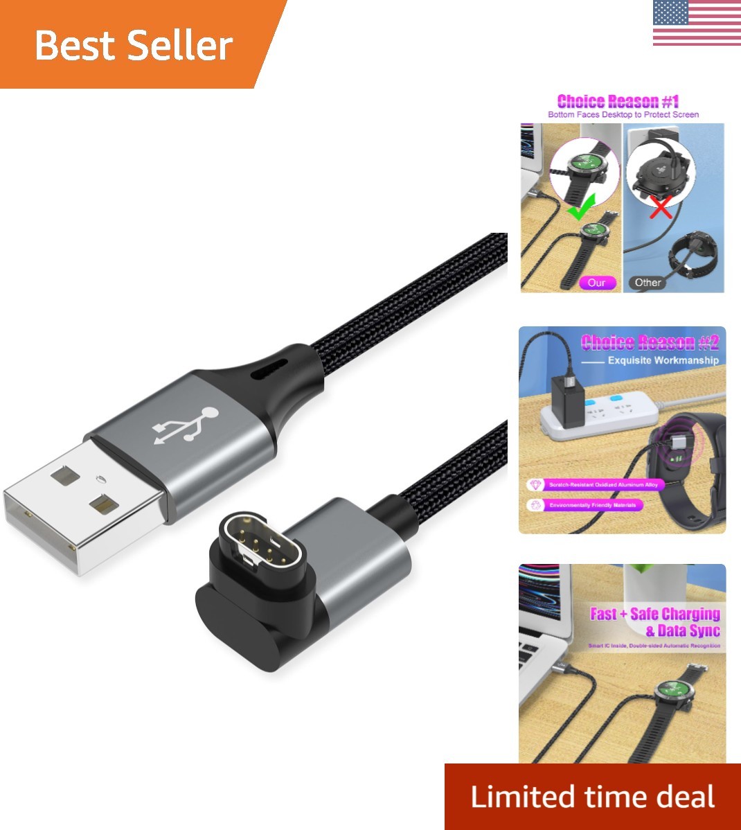 2 Pack 3.3ft Charger Cable for Garmin Watch, L-Shape Braided Charging Cord fo...