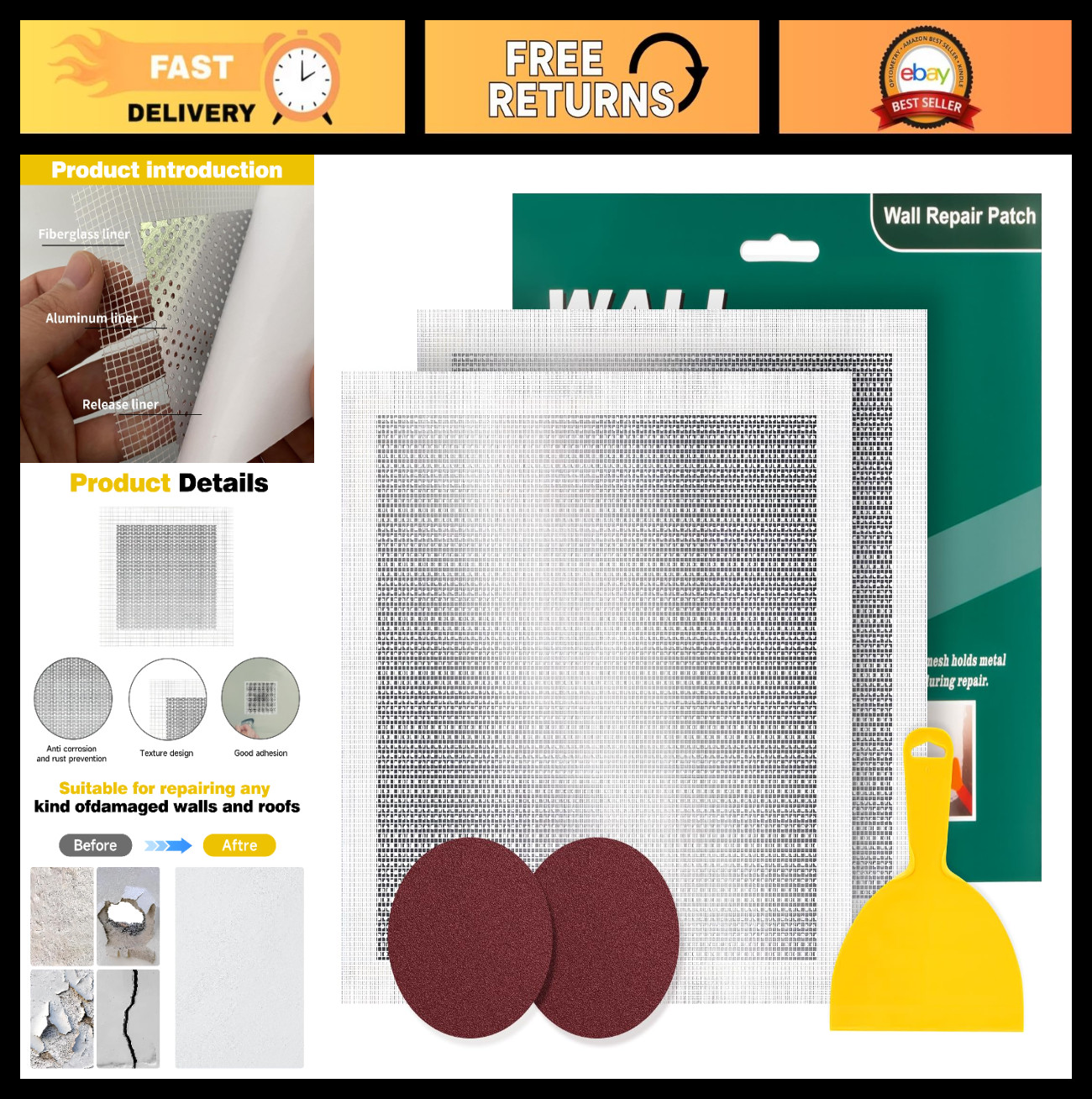 12x12 Drywall Repair Kit - Self-Adhesive Mesh Patch for Large Holes, Wall & Ceil