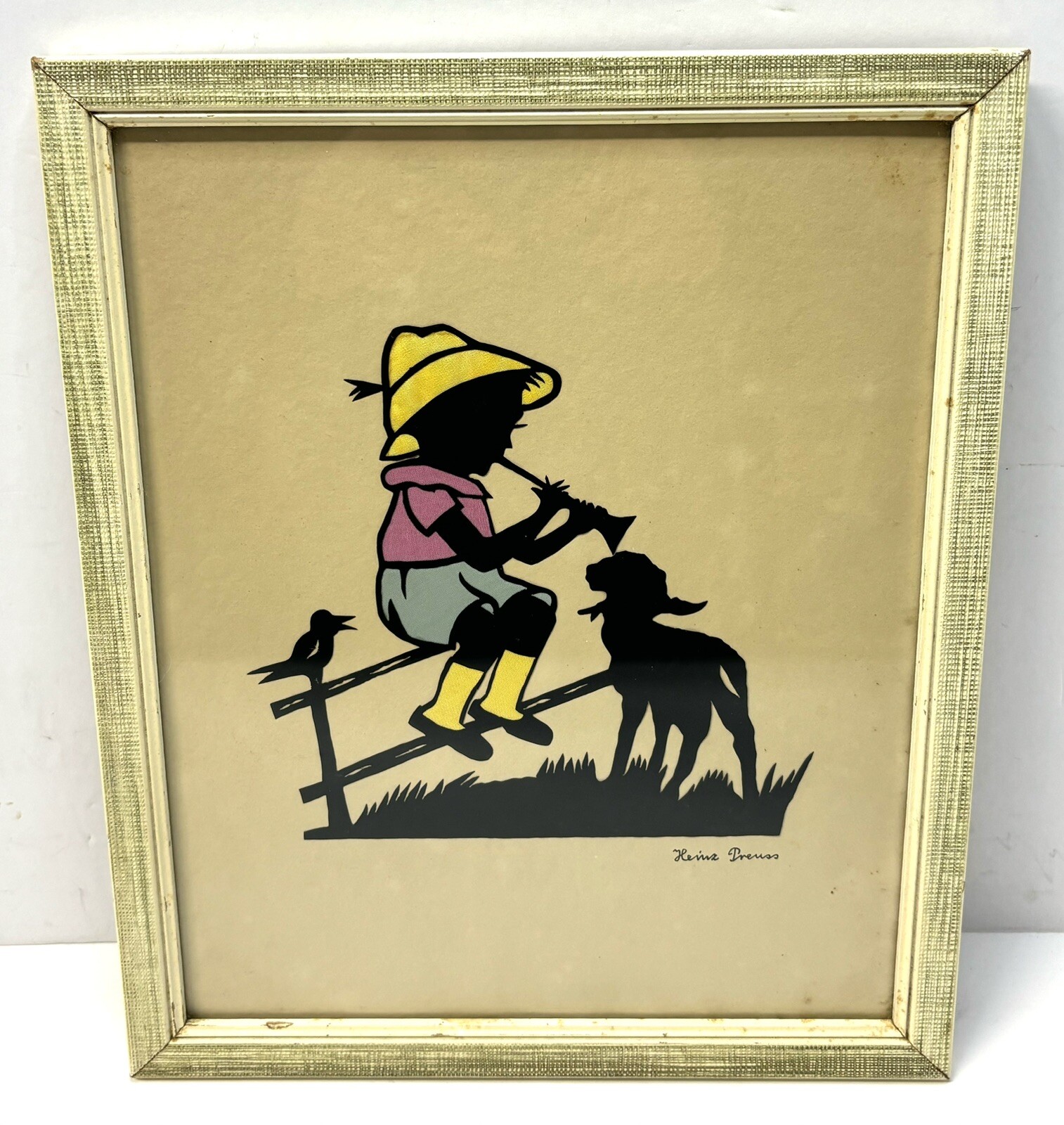 Original Hand-Cut Paper Silhouette w/ Silk Art Boy Shepherd Signed Heinz Preuss